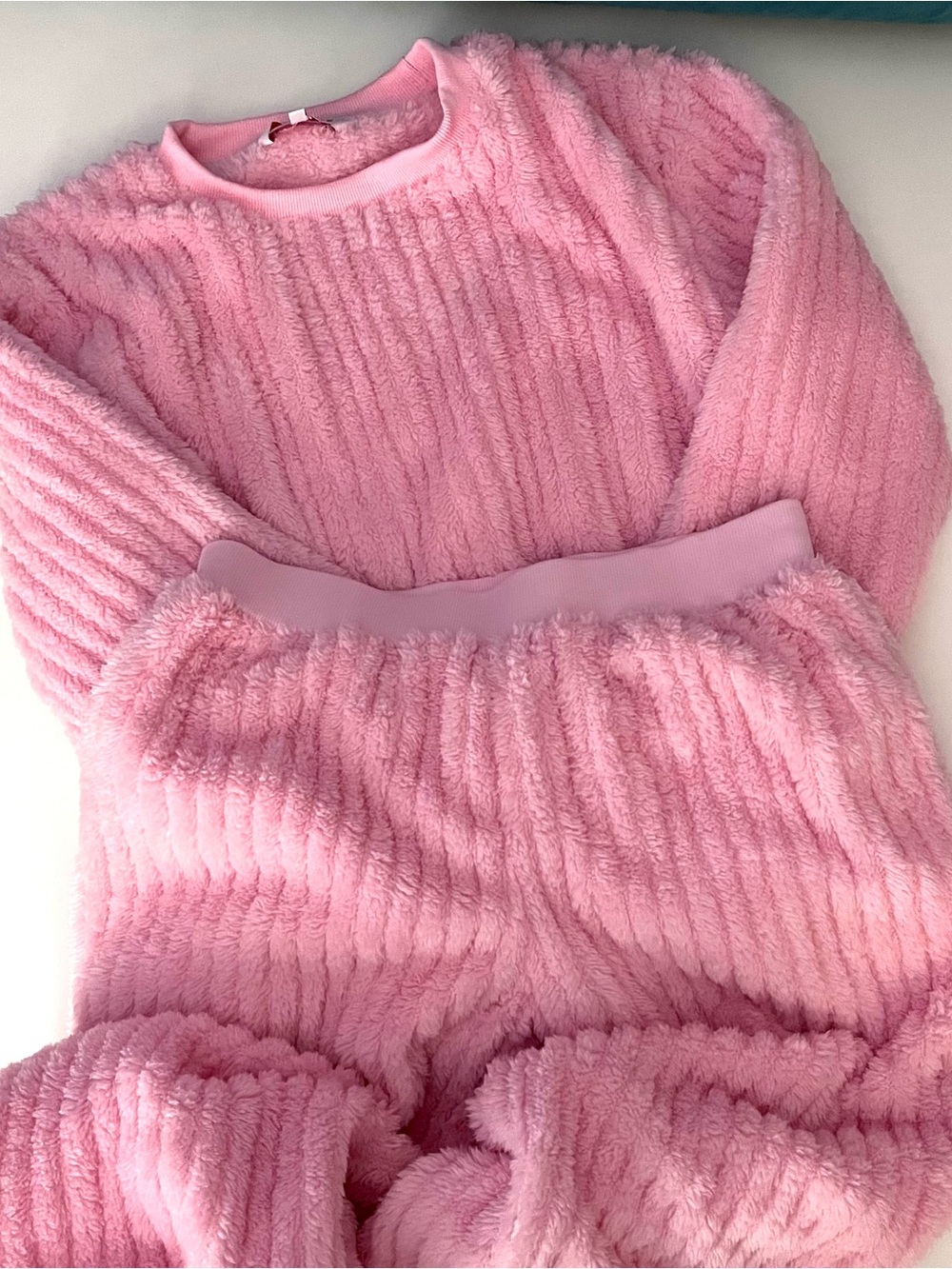 Rampage Pastel Pink Ribbed Sherpa Fleece Lounge Set Crewneck & Pants M